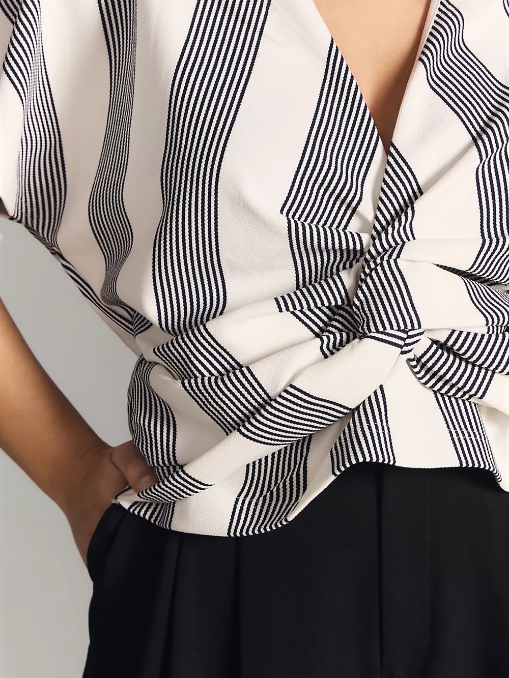 Anthropologie bishop + young Black and White Striped Twist-Front Top - Picture 2 of 13